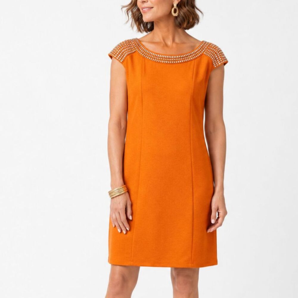 ILE New York Orange Sheath Dress Size 14 Jeweled Studded Neckline Career NWT